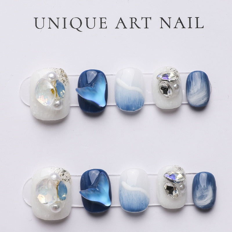 Blue Whale Handmade Wearable Fake Nails Mermaid Ocean Wearing Nails Sticker Reusable Press On Nail Patches Decoration