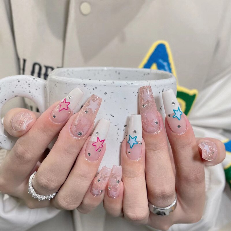 24pcs Butterfly decorated false nails Removable Long Paragraph Manicure fake nail tips full cover acrylic for girls nail