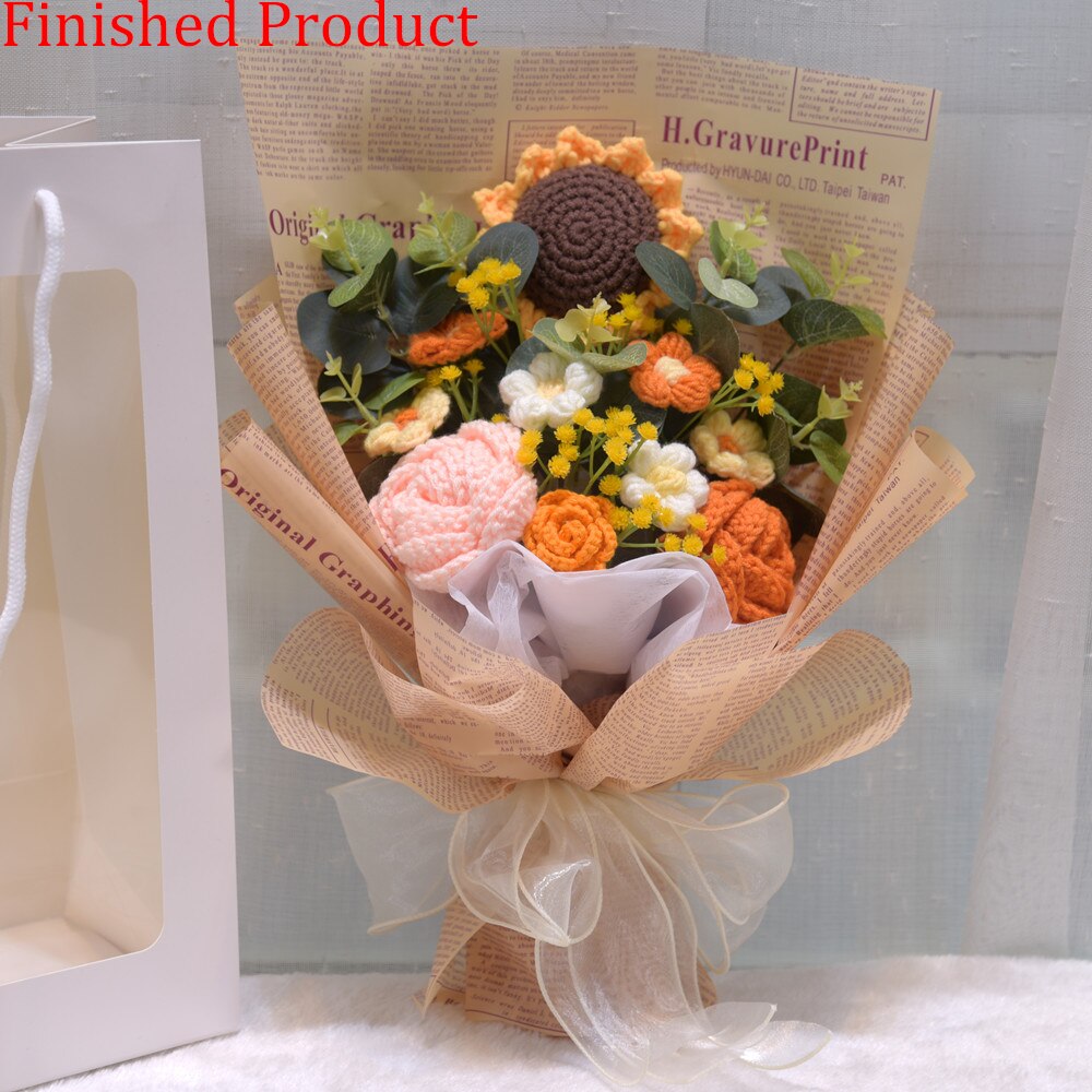Finished Product Knitting Flowers Rose Tulip Fake Flowers Bouquet Wedding Decoration Hand-woven Home Decorate Knit Flower Gifts