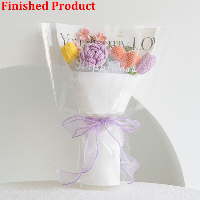 Finished Product Knitting Flowers Rose Tulip Fake Flowers Bouquet Wedding Decoration Hand-woven Home Decorate Knit Flower Gifts