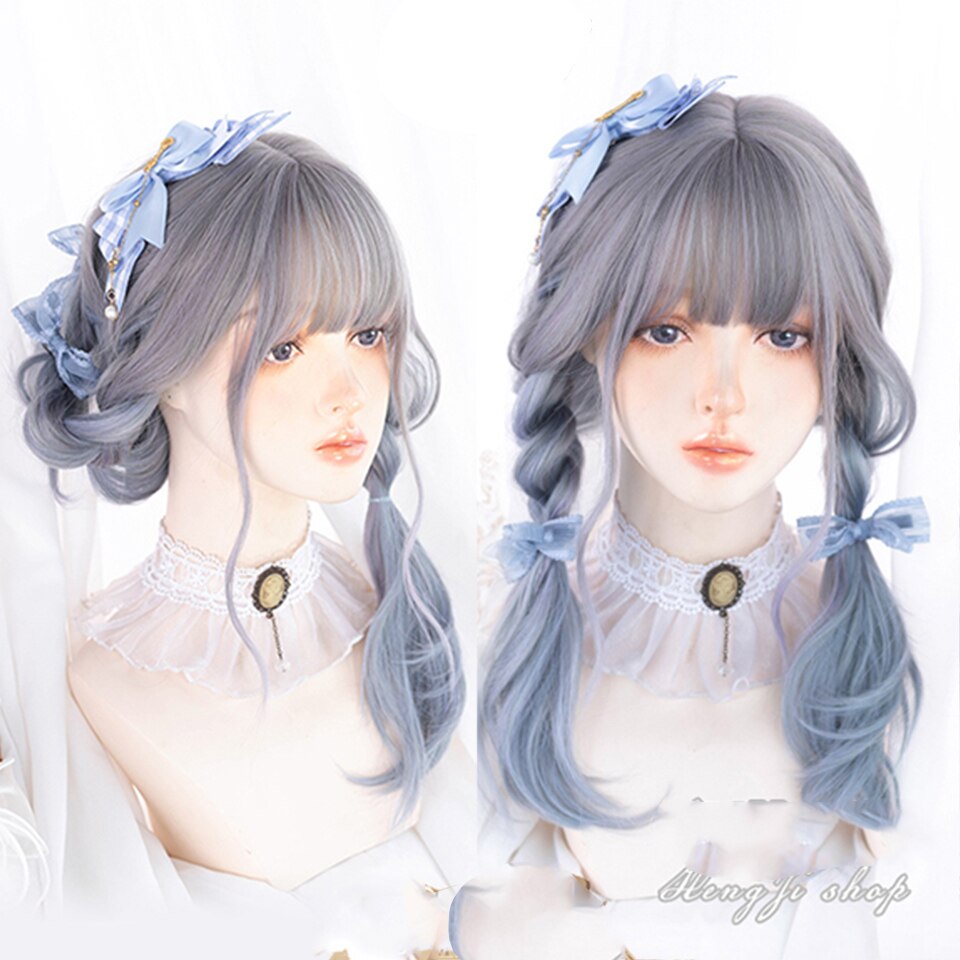 Synthetic long wavy curly hair female cold brown black cosplay Lolita pink purple blue wig heat-resistant bangs
