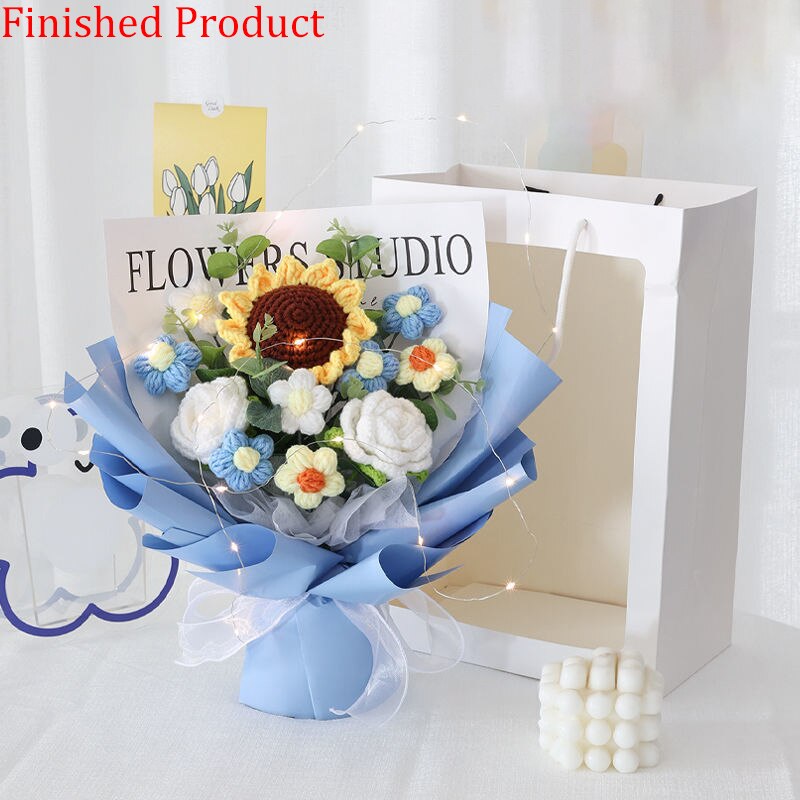 Finished Product Knitting Flowers Rose Tulip Fake Flowers Bouquet Wedding Decoration Hand-woven Home Decorate Knit Flower Gifts