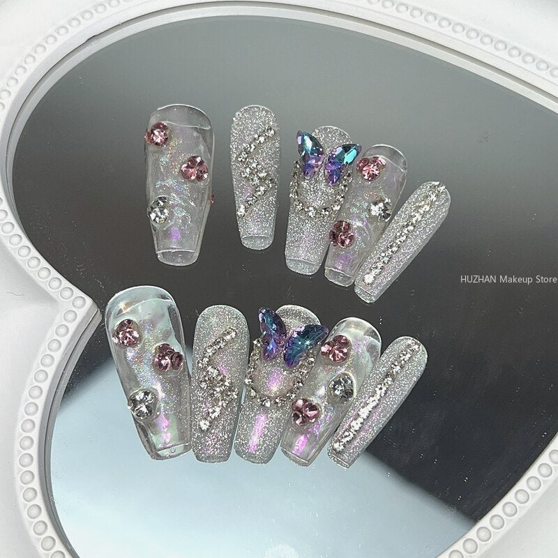 Handmade Purple Glitter Rhinestone Butterfly Fake Nail With Glue Bling Press On Nails Y2K Reusable Coffin False Nails Tips Gift