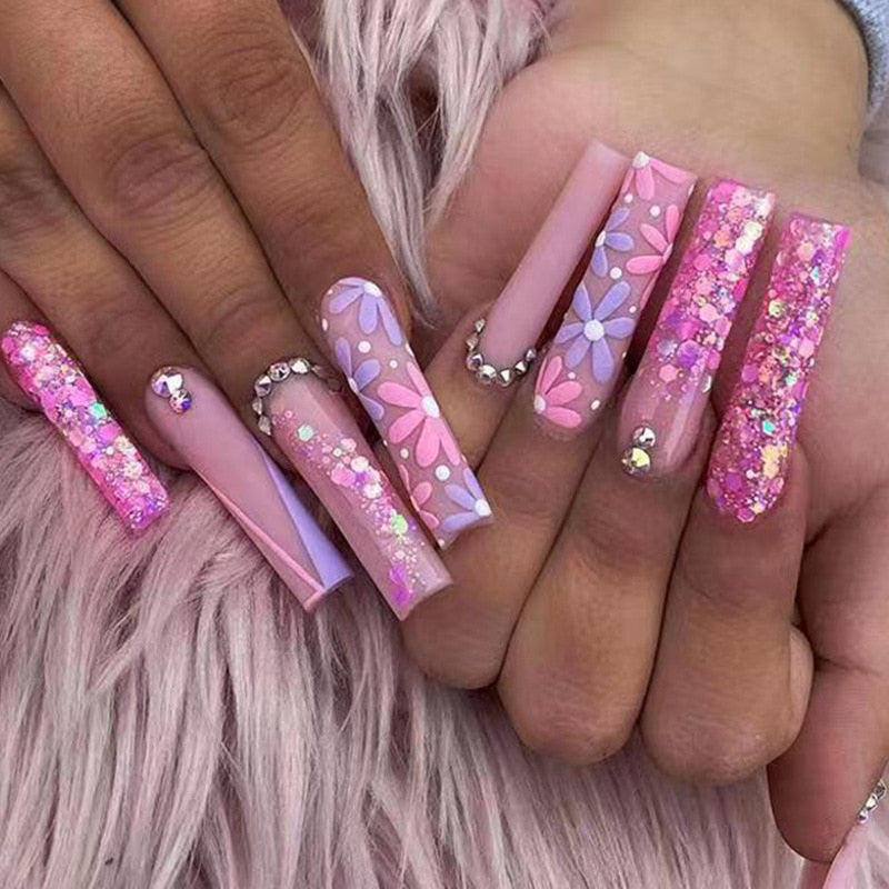 24Pcs Wearable False Nails with glue Long Ballerina Pink Press On Nails French Full Cover Coffin Fake Nails tip with rhinestones