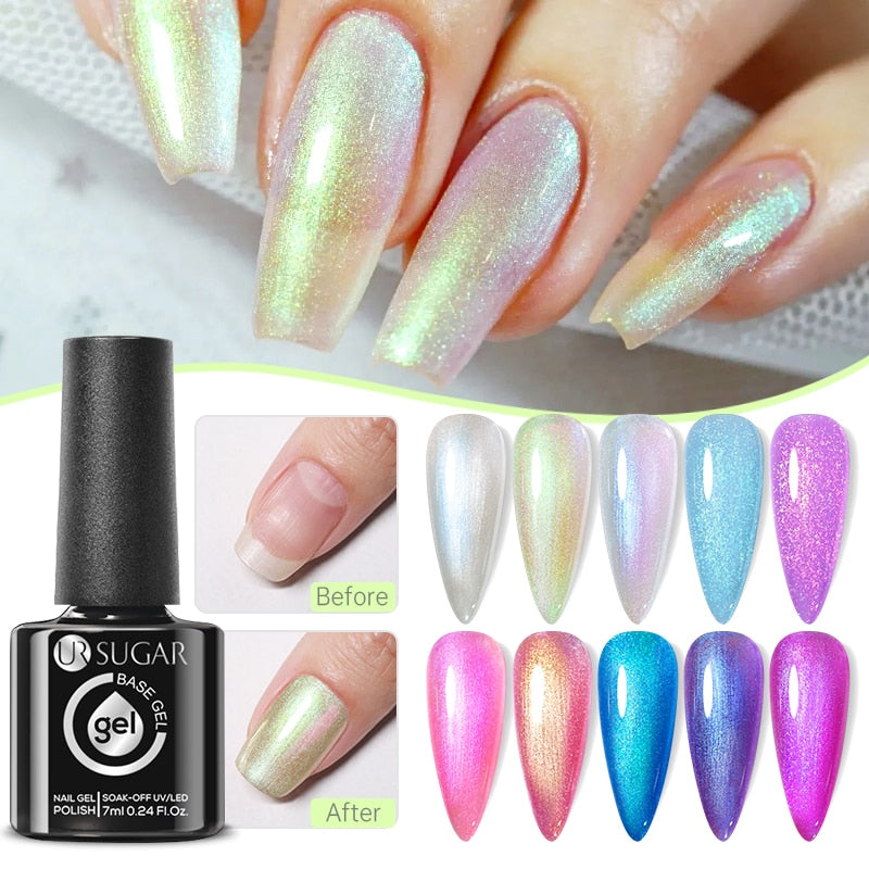 Aurora Rubber Gel Nail Iridescent Pearl Effect Metallic Mirror Nails Manicure Soak Off UV LED No Wipe Top Coat Base Gel