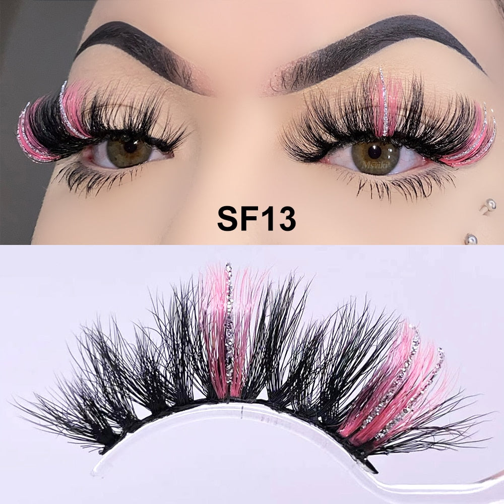 5D Fluffy 18-22MM Glitter Mink Lashes 1 Pair Party Colored Mink Eyelashes Box Package Rainbow Pink White Fake Eyelashes