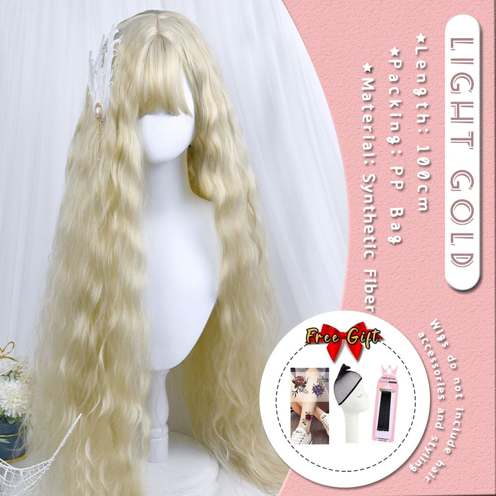 Extra Long Curly Hair with Bangs Cosplay Party Lolita Synthetic Wigs Heat Resistant Fiber