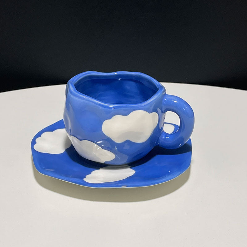 Japanese Hand Painted The Blue Sky and White Clouds Coffee Cup With Saucer Ceramic Handmade Tea Cup Saucer Set Cute Gift For Her