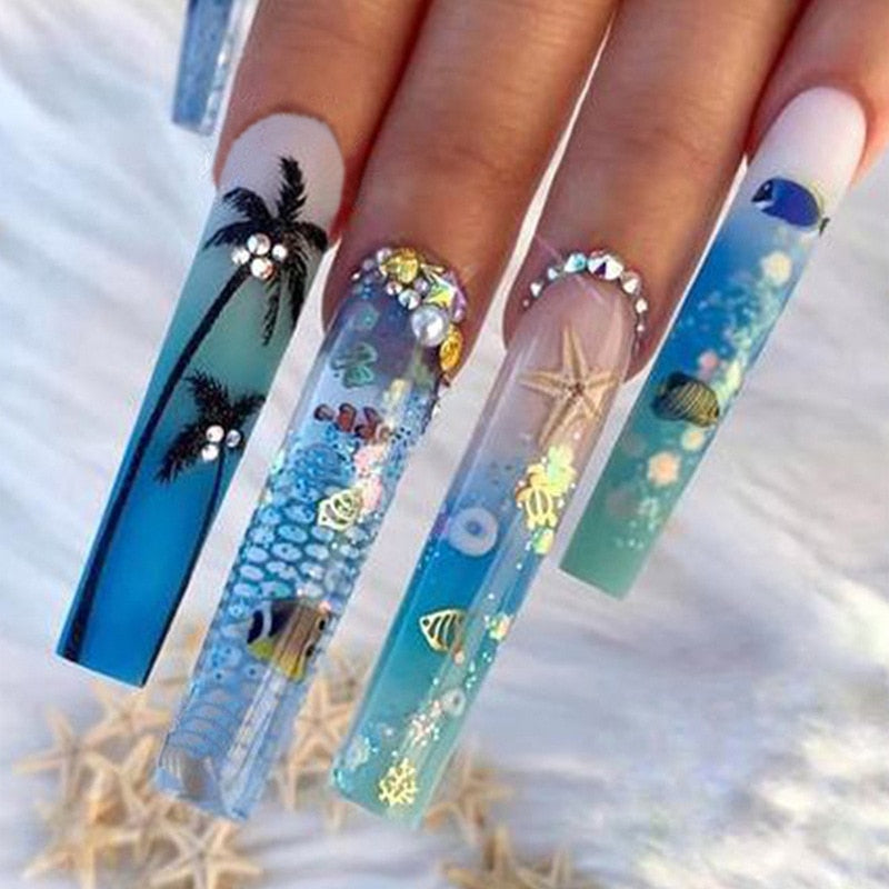 24Pcs Wearable False Nails with glue Long Ballerina Pink Press On Nails French Full Cover Coffin Fake Nails tip with rhinestones