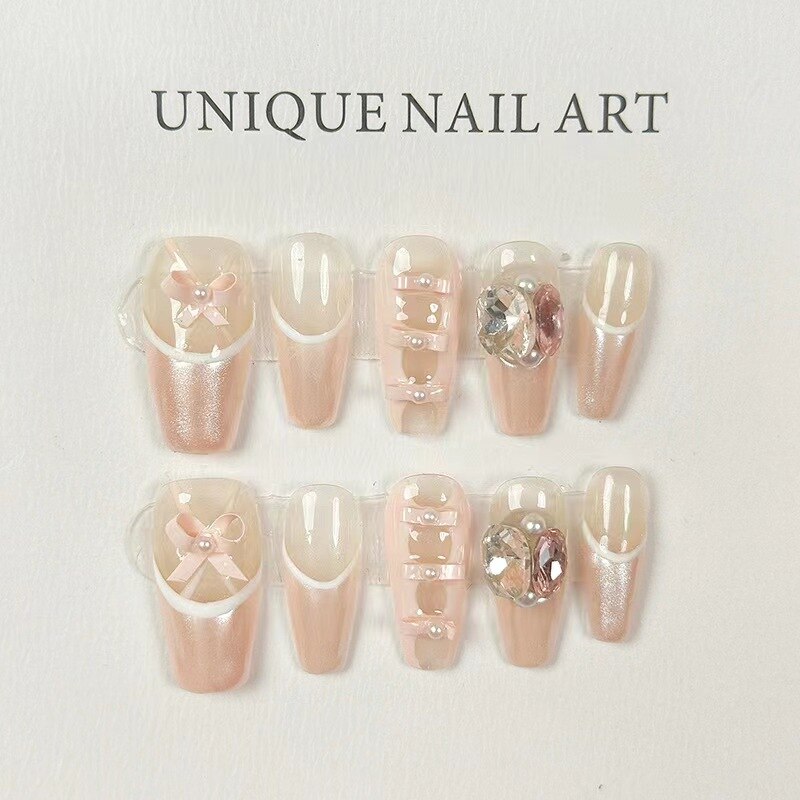 10 Piece For Set White Bow French Style fake nail patch Fairy Dreamy Cute Long T False Nail Art Finished Press On Wearable Nail
