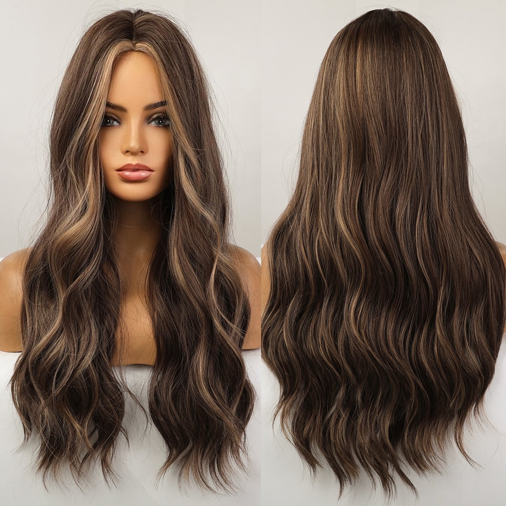 Synthetic Women Long Wavy Wigs Brown with Blonde Wigs Natural Wavy Heat Resistant Wig for Women Wigs