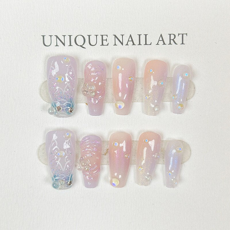 Fishtail Style Handmade Fake Nail Pink And  Blue With Pearls Medium T-shaped Removable And Reuse Press On Nail Sticker With Glue