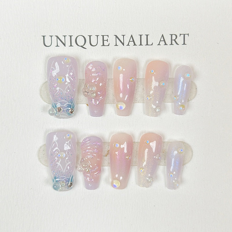 Fishtail Style Handmade Fake Nail Pink And  Blue With Pearls Medium T-shaped Removable And Reuse Press On Nail Sticker With Glue