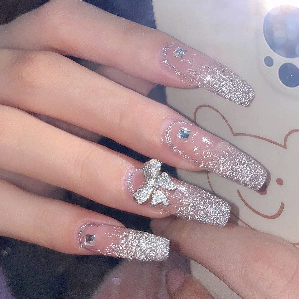 24pcs Butterfly decorated false nails Removable Long Paragraph Manicure fake nail tips full cover acrylic for girls nail