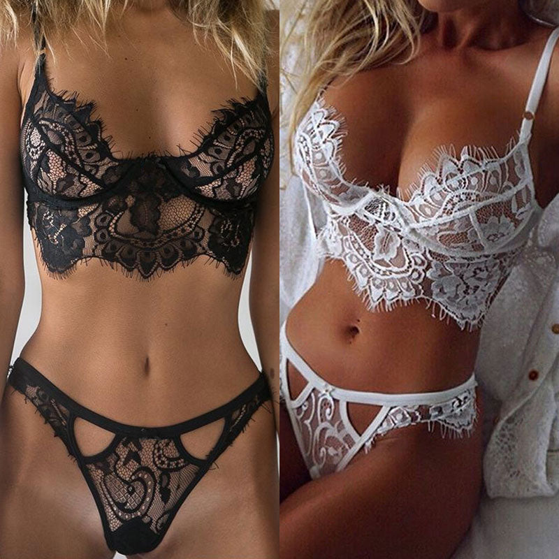 Women Sexy Lace Underwear Set Erotic Ladies Lingerie See-through Bra Thong Mini Babydoll Briefs Underpants Black Bodysuit