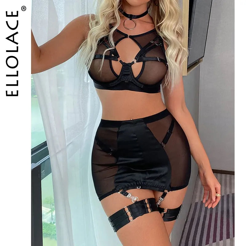 Red Lingerie 5-Pieces Fancy Underwear Sexy Women Uncensored Transparent Bra Garters Briefs Sets Bandage Sex Outfits