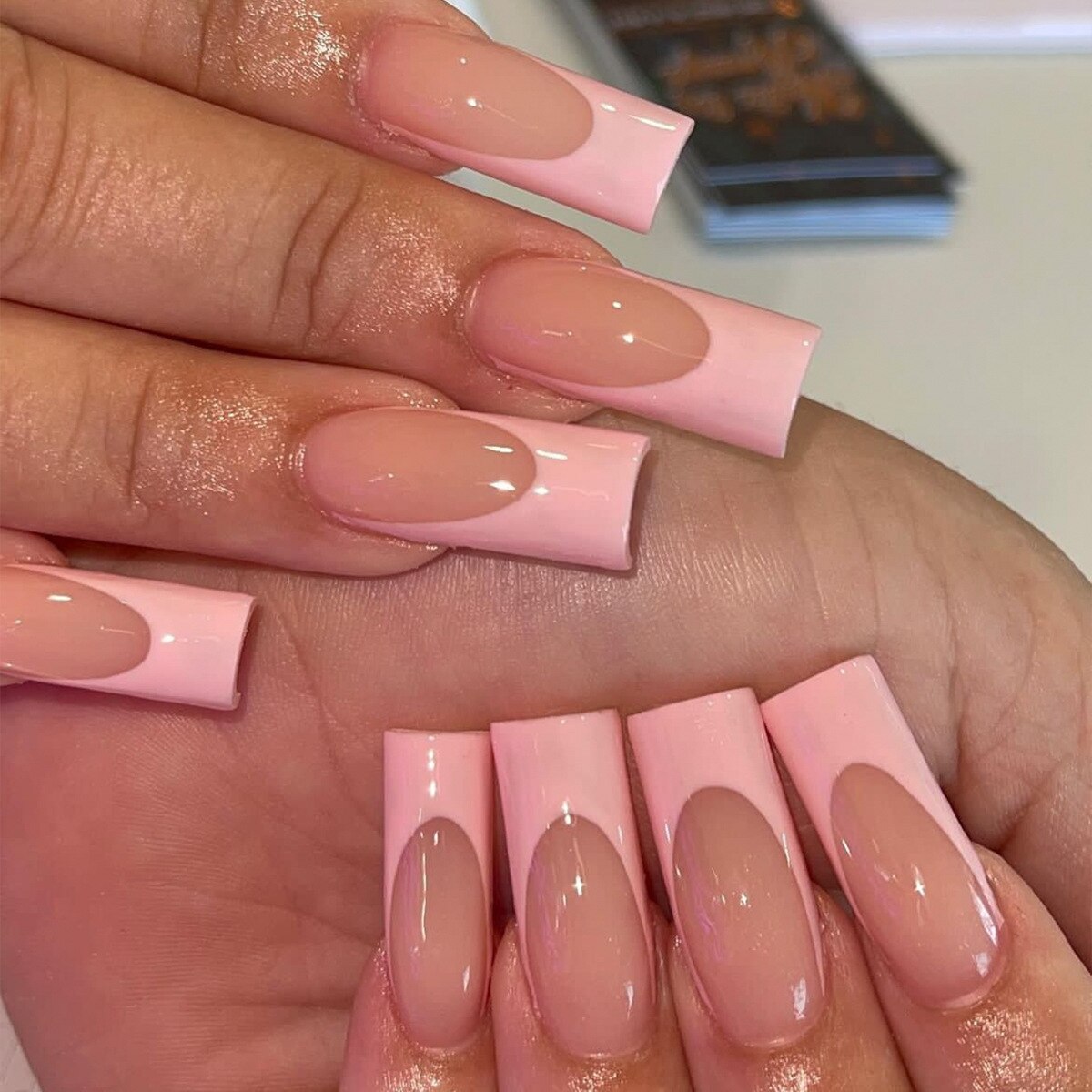 24Pcs Wearable False Nails with glue Long Ballerina Pink Press On Nails French Full Cover Coffin Fake Nails tip with rhinestones