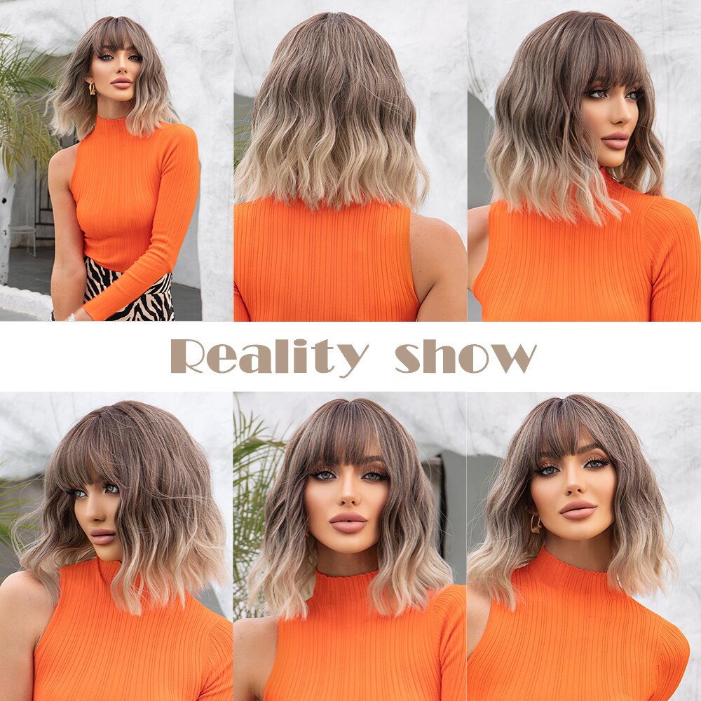 Grey Wavy Bob Wigs With Bangs Short Blonde Wavy Bob With Dark Roots