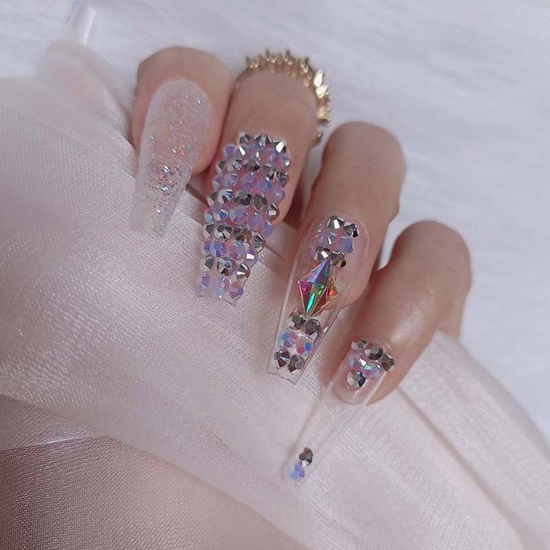 24pcs luxury jewelry long ballet coffin fake nails crystal diamond Transparent