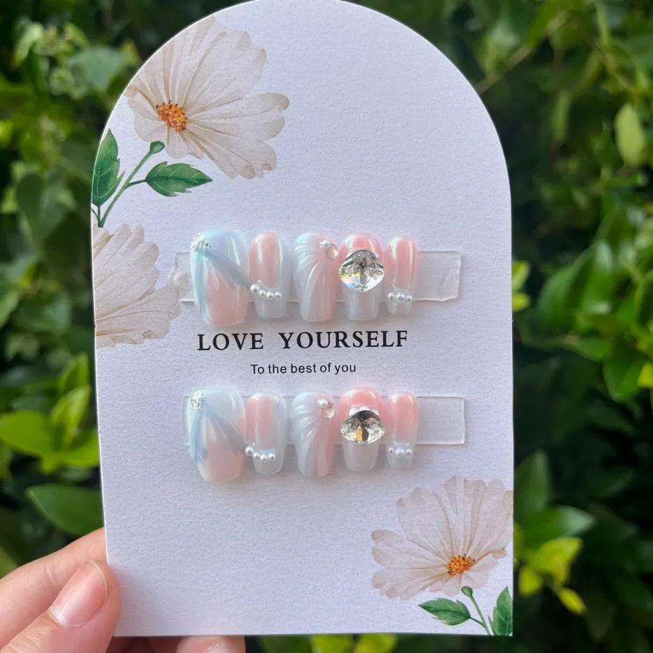 Fishtail Style Handmade Fake Nail Pink And  Blue With Pearls Medium T-shaped Removable And Reuse Press On Nail Sticker With Glue