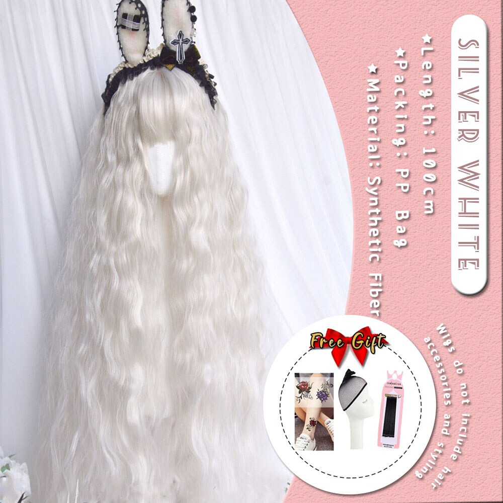 Extra Long Curly Hair with Bangs Cosplay Party Lolita Synthetic Wigs Heat Resistant Fiber