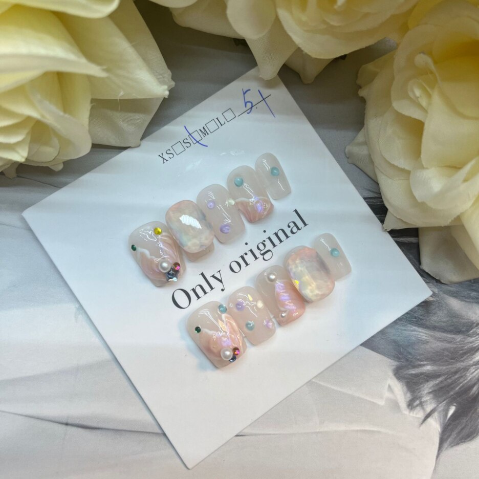 Fishtail Style Handmade Fake Nail Pink And  Blue With Pearls Medium T-shaped Removable And Reuse Press On Nail Sticker With Glue