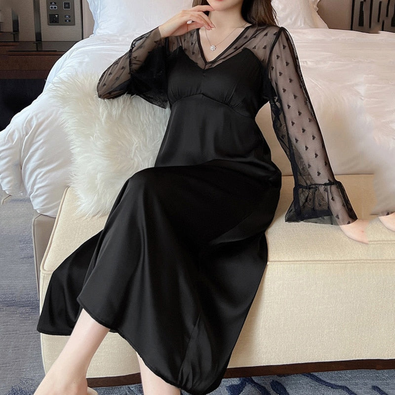Nightgown Women Sexy Satin Silk Lace Long Sleeve Night Dress Palace Vintage Sleepdress Loose Sleepwear Homewear Home Dresses