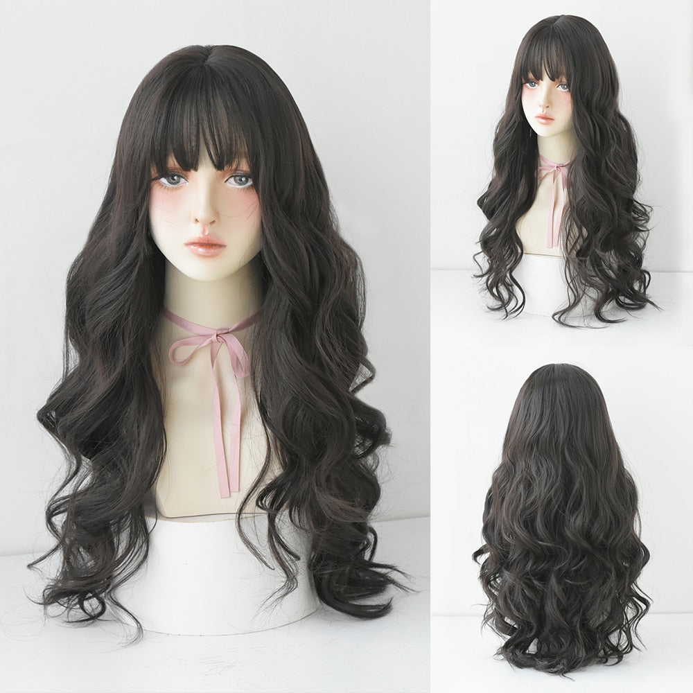 Long Curly Hair Women Wig with Bangs Daily Brown Black Pink Lolita Cosplay Braided Wigs Heat Resistant Fiber