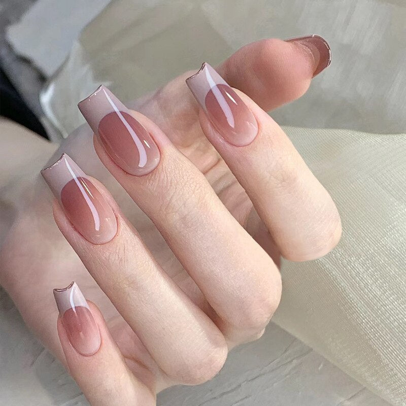 24pcs pink clouds design false nails with glue press on nails medium length acrylic nails coffin full cover nails tips supplies