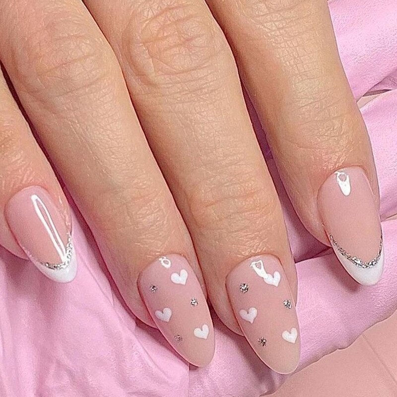 24pcs Almond Full Cover y2k black Sweet Fake Nails with glue cool Stiletto press on nails French artificial Nails With designs