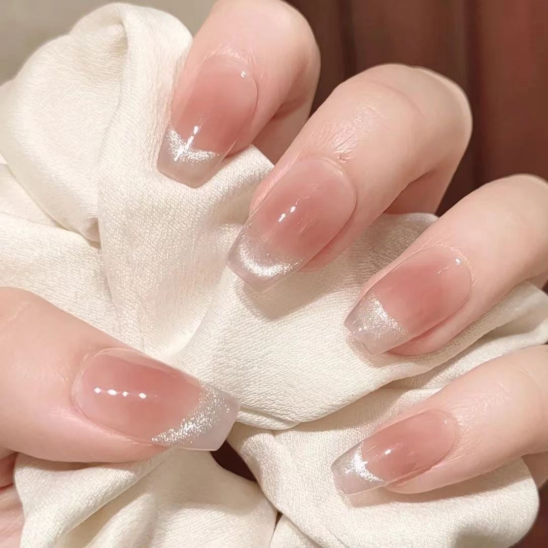 24pcs Press on Nails Short Fake Nails with Glue Jelly Gradient Design Detachable Artificial Nail Acrylic Coffin False Nails Tips