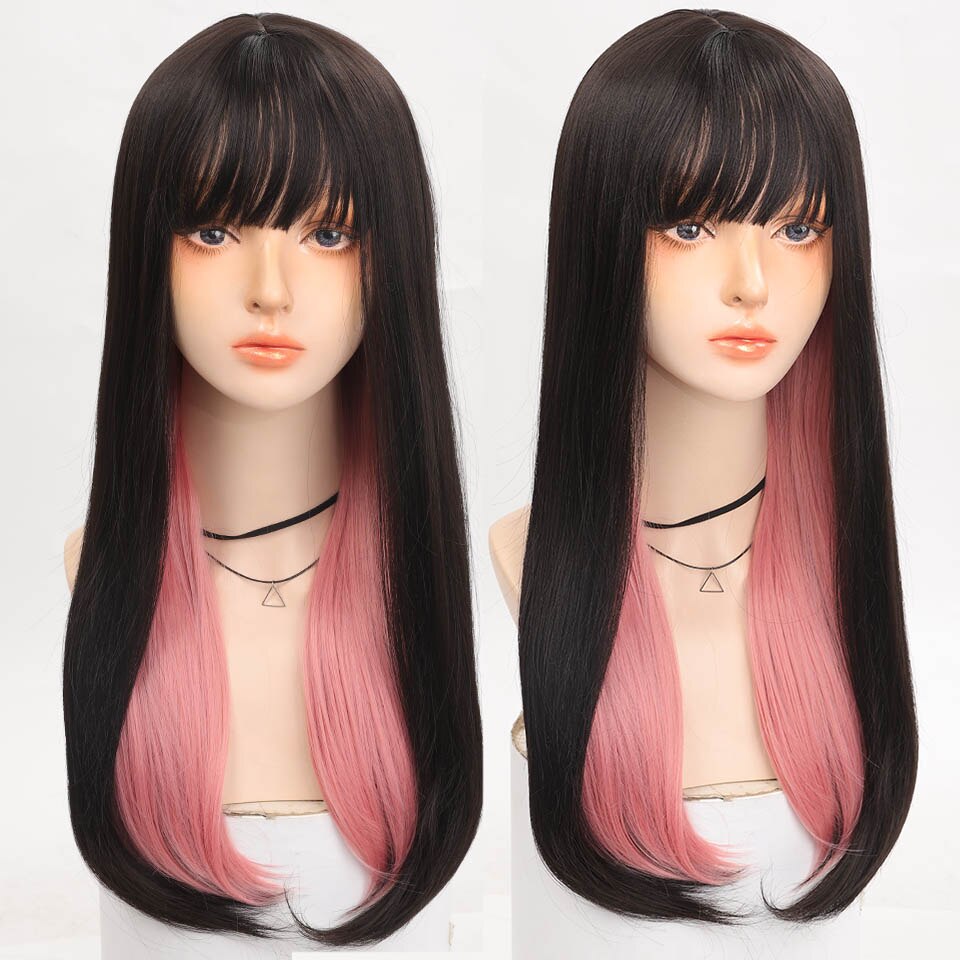 Long straight hair synthetic wig girl pink white gradient bangs cosplay Lolita party heat-resistant wigs