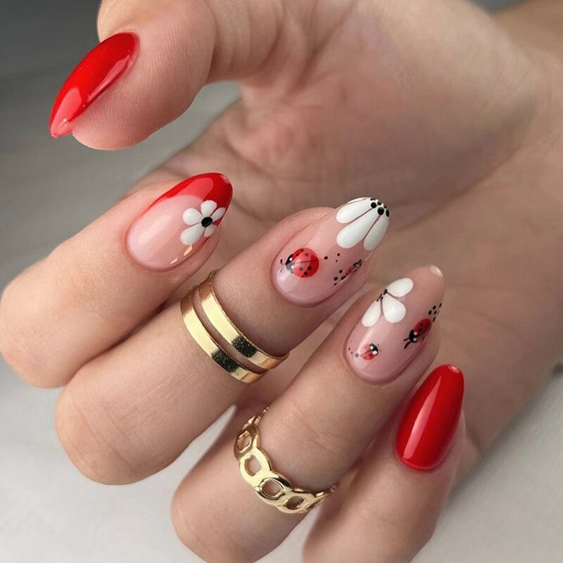 24pcs Almond Full Cover y2k black Sweet Fake Nails with glue cool Stiletto press on nails French artificial Nails With designs