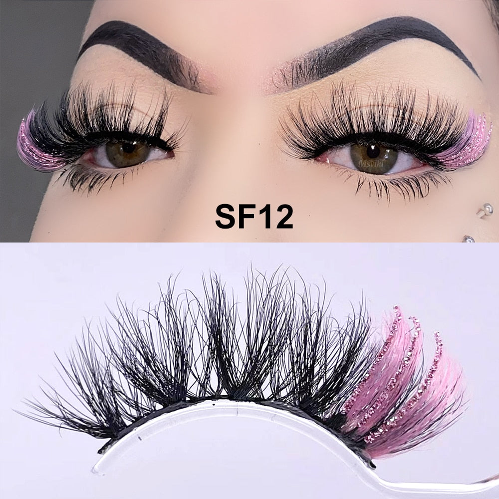 5D Fluffy 18-22MM Glitter Mink Lashes 1 Pair Party Colored Mink Eyelashes Box Package Rainbow Pink White Fake Eyelashes