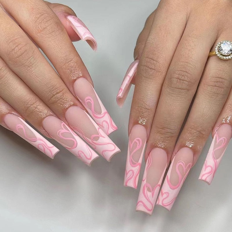 24Pcs Wearable False Nails with glue Long Ballerina Pink Press On Nails French Full Cover Coffin Fake Nails tip with rhinestones