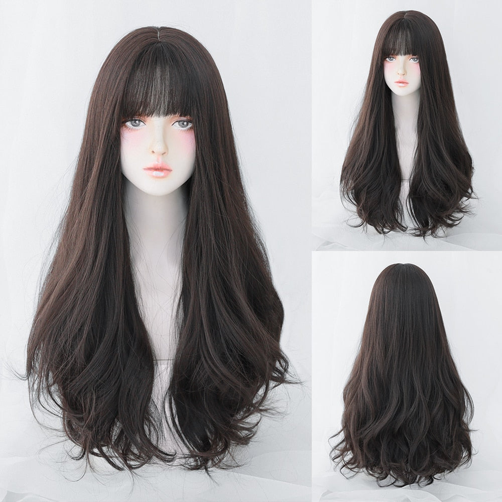 Long Curly Hair Women Wig with Bangs Daily Brown Black Pink Lolita Cosplay Braided Wigs Heat Resistant Fiber