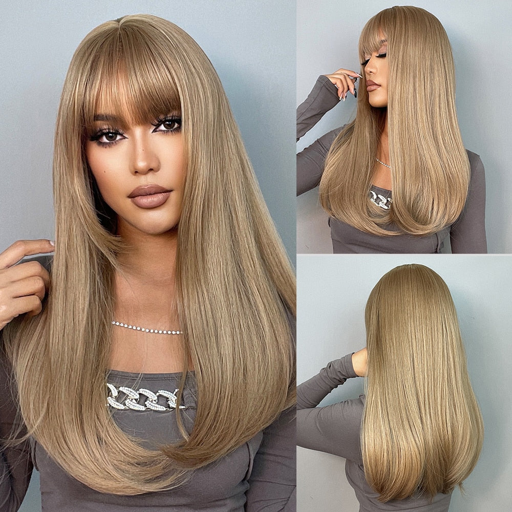 Auburn Layered Wig with Bangs Long Curly Wavy Wig for Women Synthetic Ginger Wig for Daily Party Heat Resistant Hair