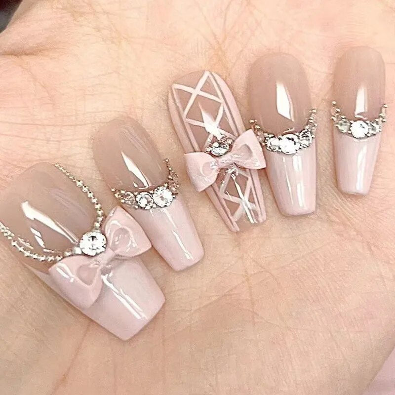 10 Piece For Set White Bow French Style fake nail patch Fairy Dreamy Cute Long T False Nail Art Finished Press On Wearable Nail