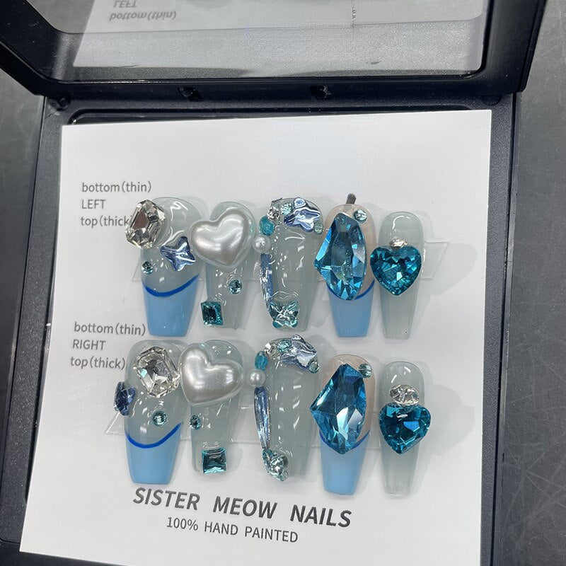 French Sailor Style Pure Handmaded T-shaped Reusable False Nails Light Blue Love Heart Crushed Diamond Wearable Nails Detachable