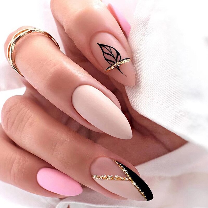 24pcs Almond Full Cover y2k black Sweet Fake Nails with glue cool Stiletto press on nails French artificial Nails With designs