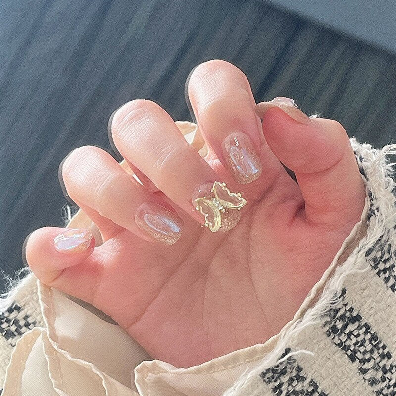 24pcs removeable short fake nails with glue Nude Pink artificial false nails with diamond designs acrylic press on nails