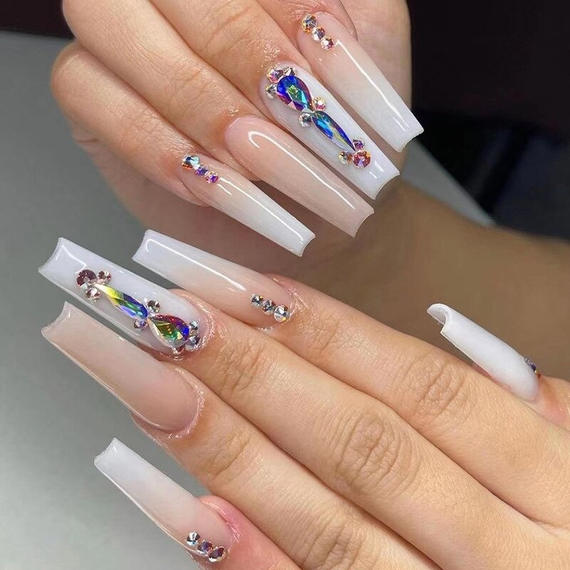 24Pcs Wearable False Nails with glue Long Ballerina Pink Press On Nails French Full Cover Coffin Fake Nails tip with rhinestones