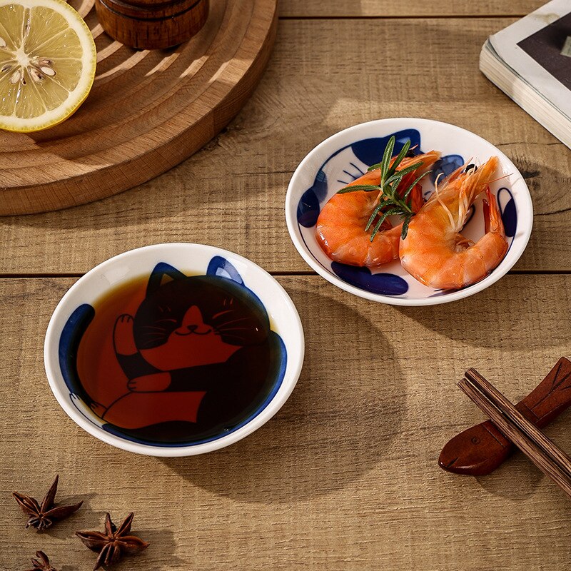 Japanese Style Ceramic Dessert Sauce Dish Tableware Creative Cute Cartoon Lucky Cat Pattern Water Drop Shape Fruit Sushi Plates