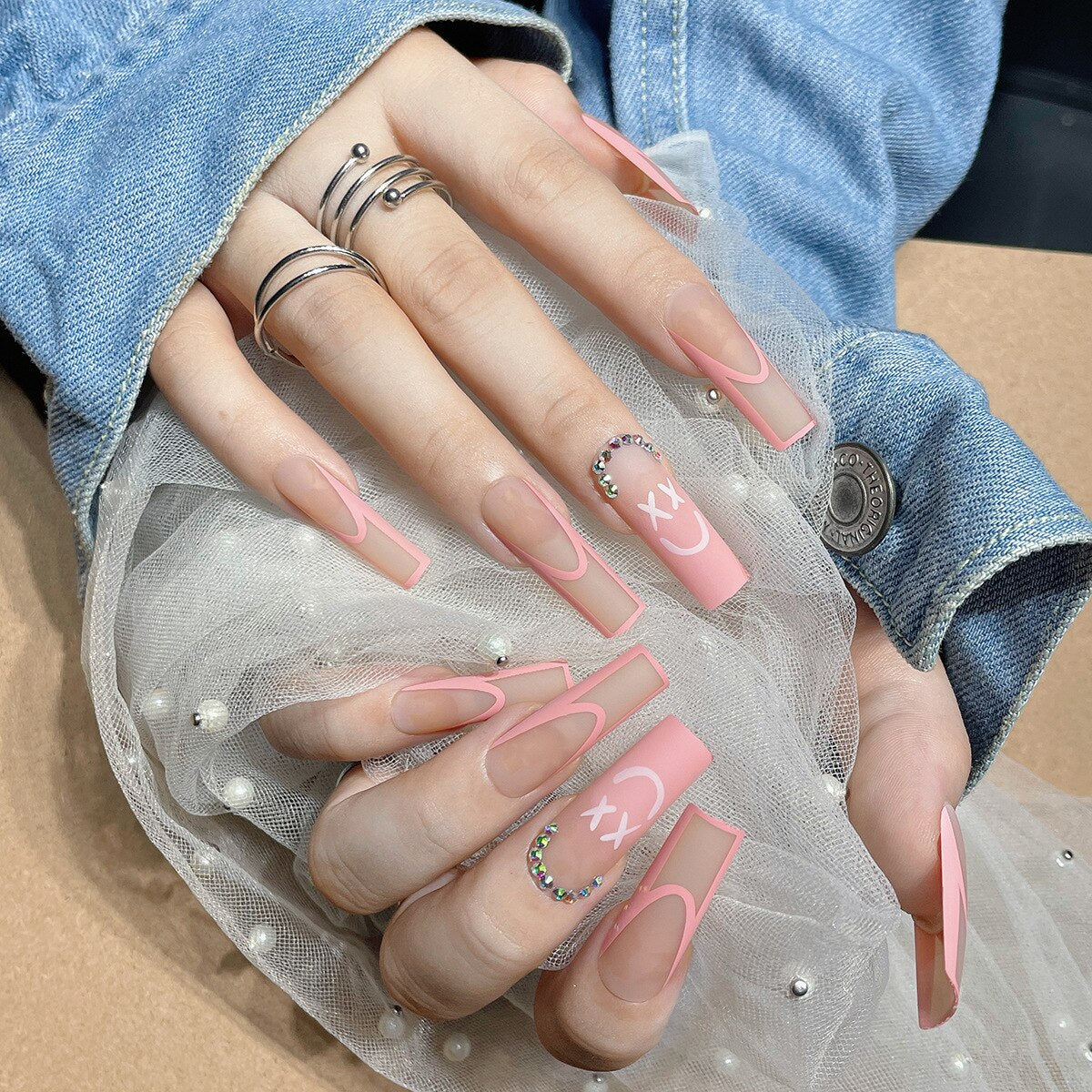 24Pcs Pink Butterfly False Nails Long Ballerina with Flower French Design Wearable Fake Nails Coffin Press on Nails Tips Art