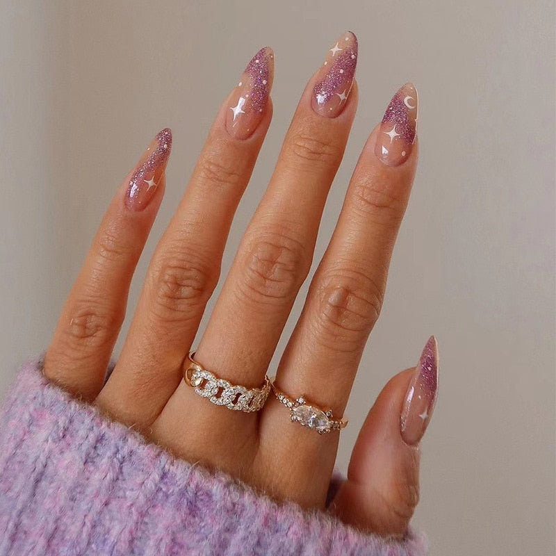24pcs Almond Full Cover y2k black Sweet Fake Nails with glue cool Stiletto press on nails French artificial Nails With designs