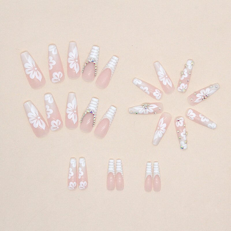 24Pcs Long Ballerina False Nails  Press on Nails Serpentine Flower with Rhinestones French Fake Nails Wearable White Nails Tips