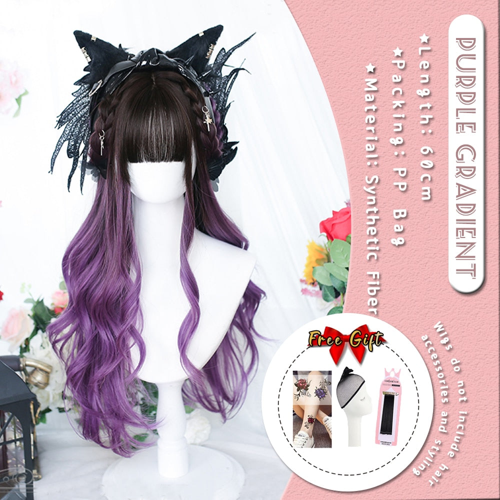 Extra Long Curly Hair with Bangs Cosplay Party Lolita Synthetic Wigs Heat Resistant Fiber