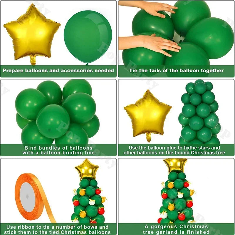Christmas Party Decoration Dark Green Latex Balloons Package Forest Series Christmas Tree Set Star Foil Balloon Ribbon
