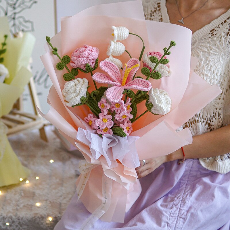 Knitting Flowers Rose Tulip Artificial Fake Flowers Bouquet Wedding Decoration Hand-woven Home Decorate Knit Fake Flower Gifts