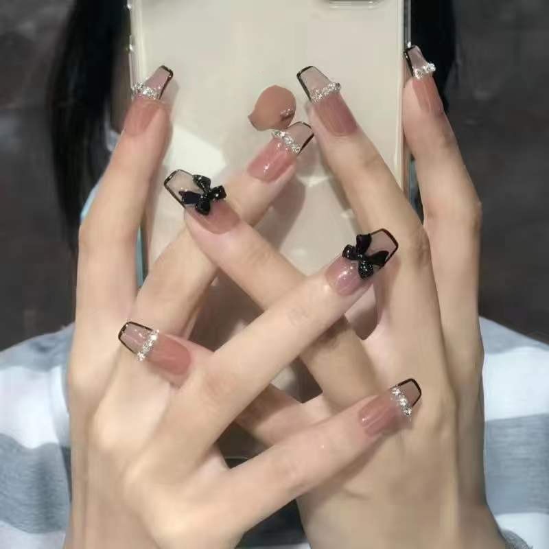 24pcs Butterfly decorated false nails Removable Long Paragraph Manicure fake nail tips full cover acrylic for girls nail
